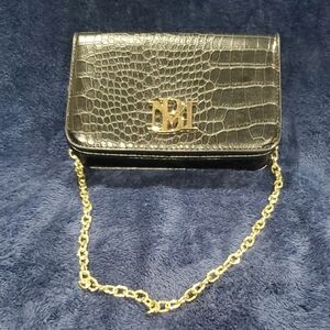 Badgley Mischka Black Croc Mini Bag with Gold Chain